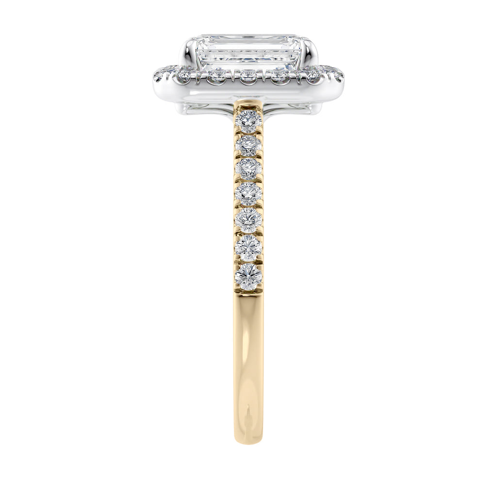 Natural diamond emerald cut halo style engagement ring 18ct gold end view.