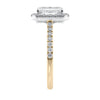 Natural diamond emerald cut halo style engagement ring 18ct gold end view.