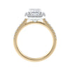 Natural diamond emerald cut halo style engagement ring 18ct gold side view.