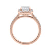 Natural diamond emerald cut halo style engagement ring 18ct rose gold side view.