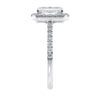 Natural diamond emerald cut halo style engagement ring white gold end view.