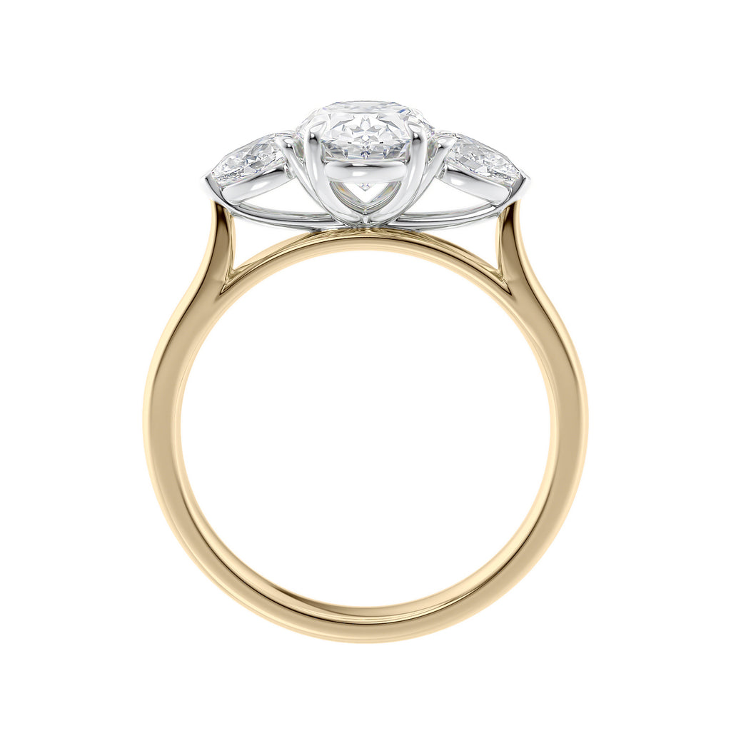 Oval 3 stone diamond engagement ring with pear side stones 18ct gold side view.