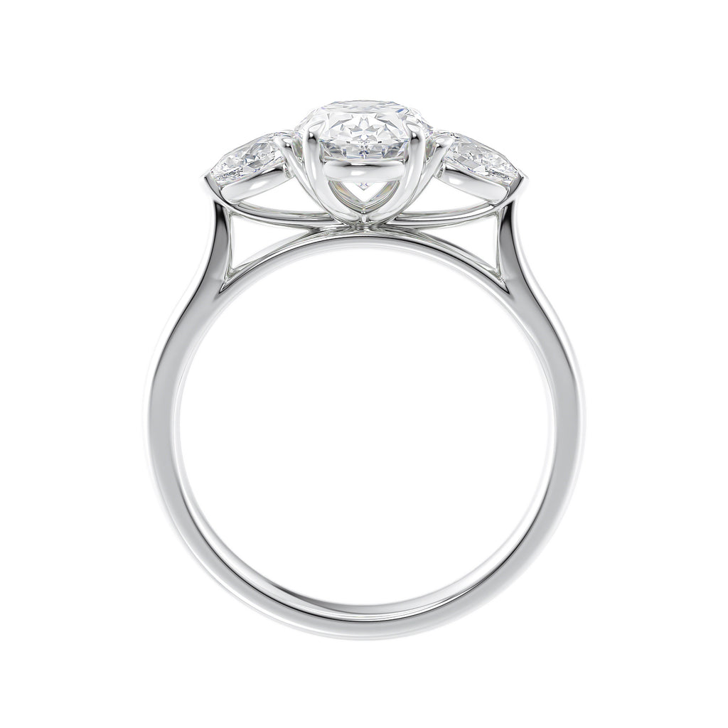 Oval 3 stone diamond engagement ring with pear side stones white gold side view.