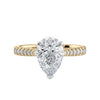 Pear solitaire engagement ring with tapered diamond set gold band front view.