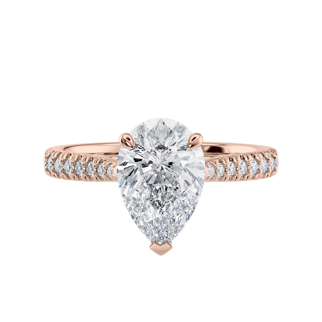 Pear solitaire engagement ring with tapered diamond set rose gold band front view.