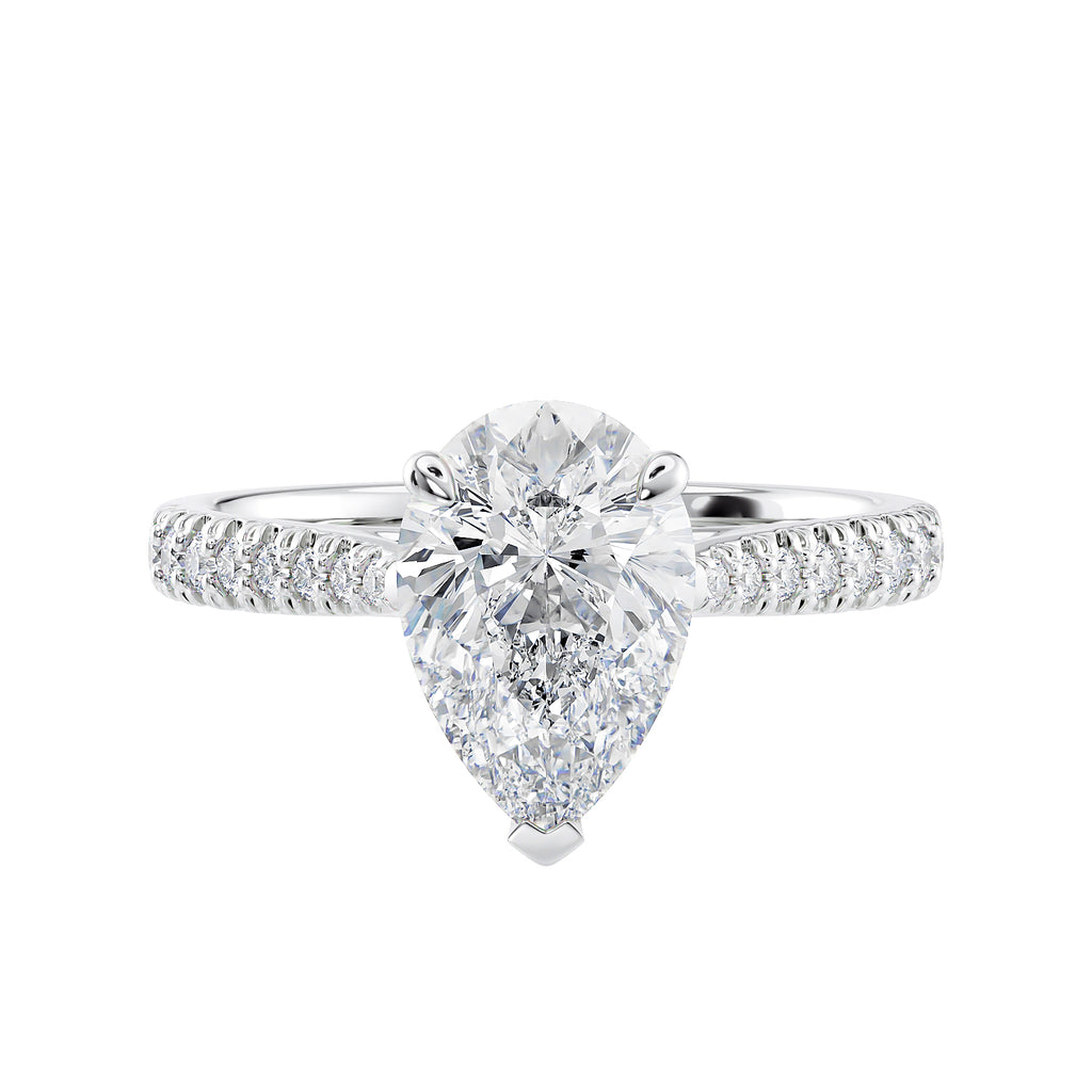 Pear solitaire engagement ring with tapered diamond set white gold band front view.
