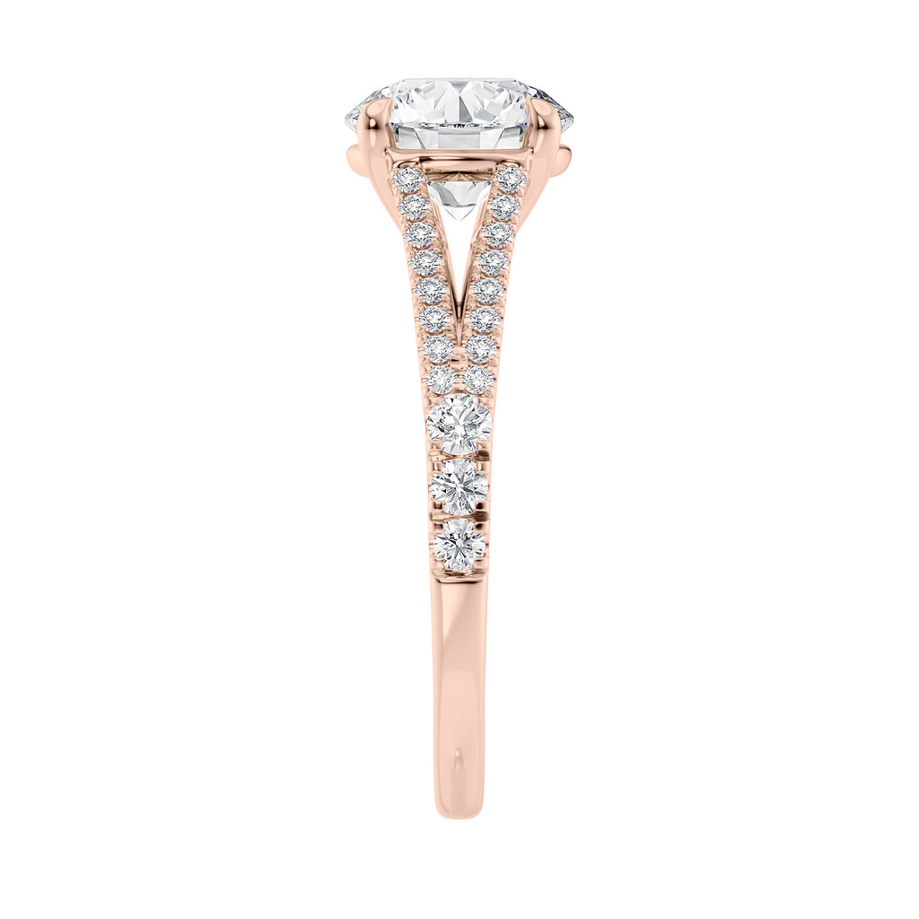 Round brilliant cut diamond engagement ring with diamond set split band rose gold end view.