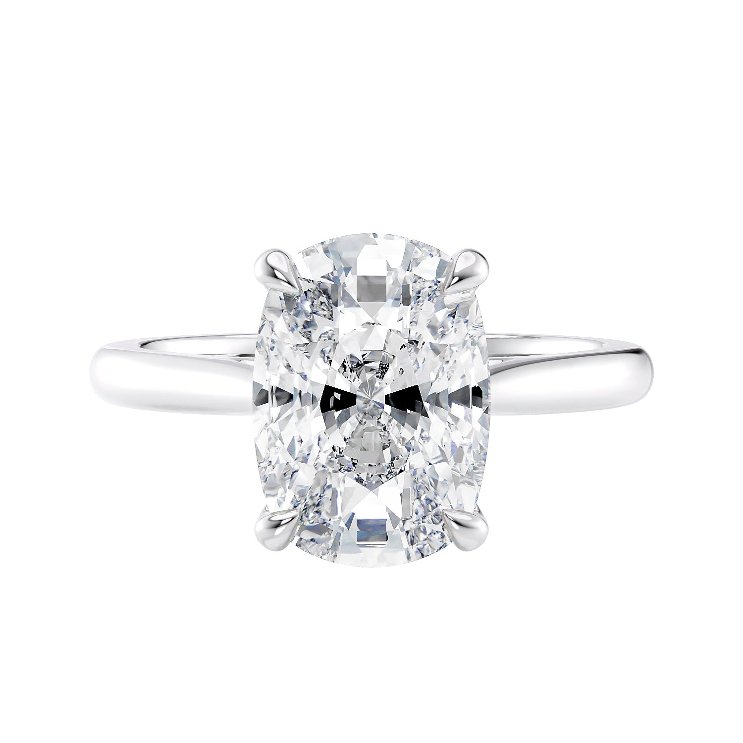 Elongated cushion cut solitaire diamond engagement ring front view.