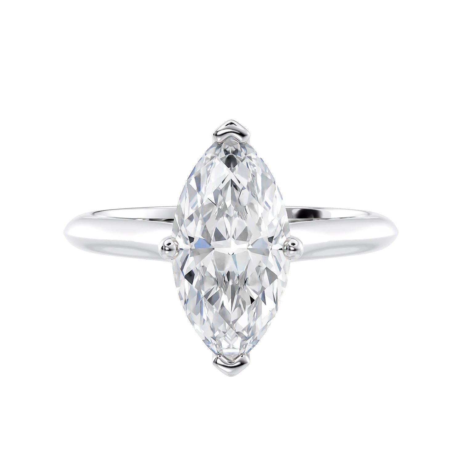 Marquise cut solitaire diamond engagement ring white gold front view.