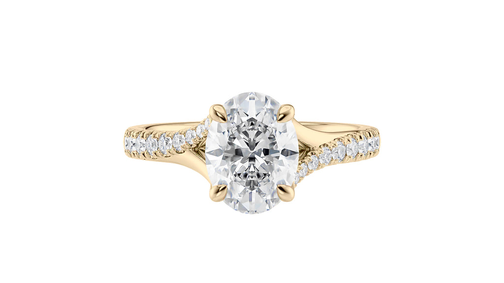 Oval diamond engagement ring with diamond set twist style band 360 view.