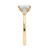 3 stone princess cut diamond engagement ring in gold end view.