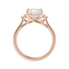 3 stone princess cut diamond engagement ring in rose gold side view.