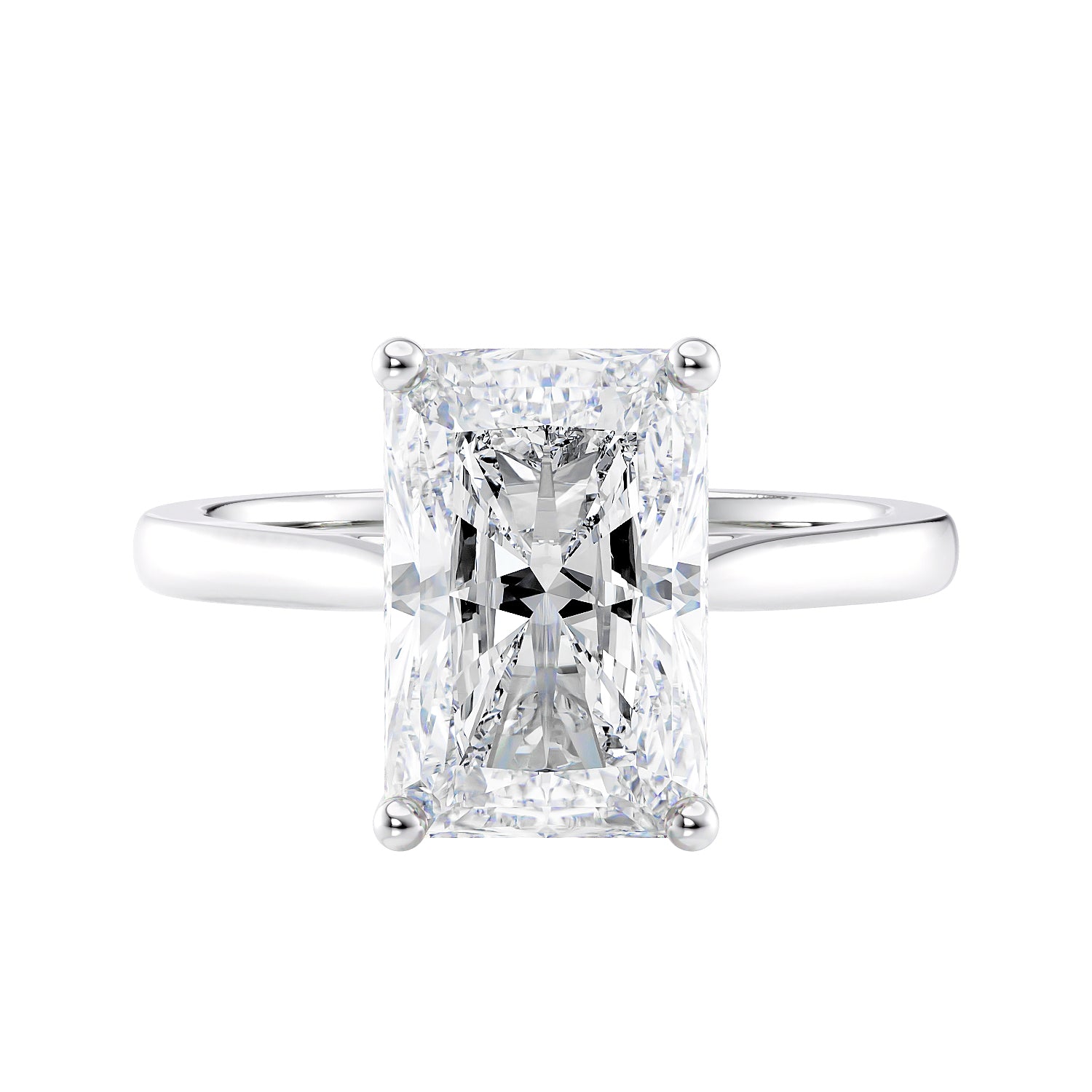 Natural diamond radiant cut engagement ring white gold front view.