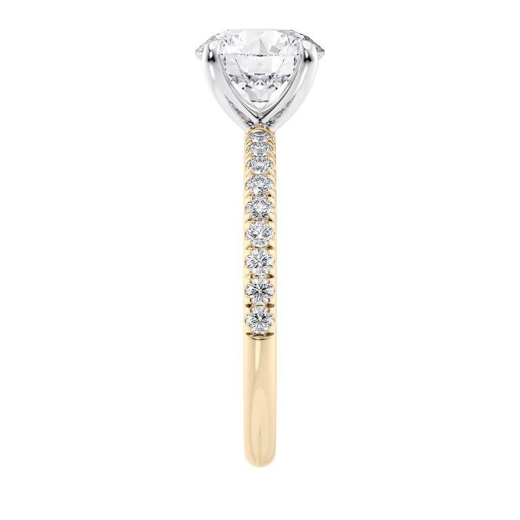 Solitaire diamond engagement ring with diamond band 18ct gold end view.