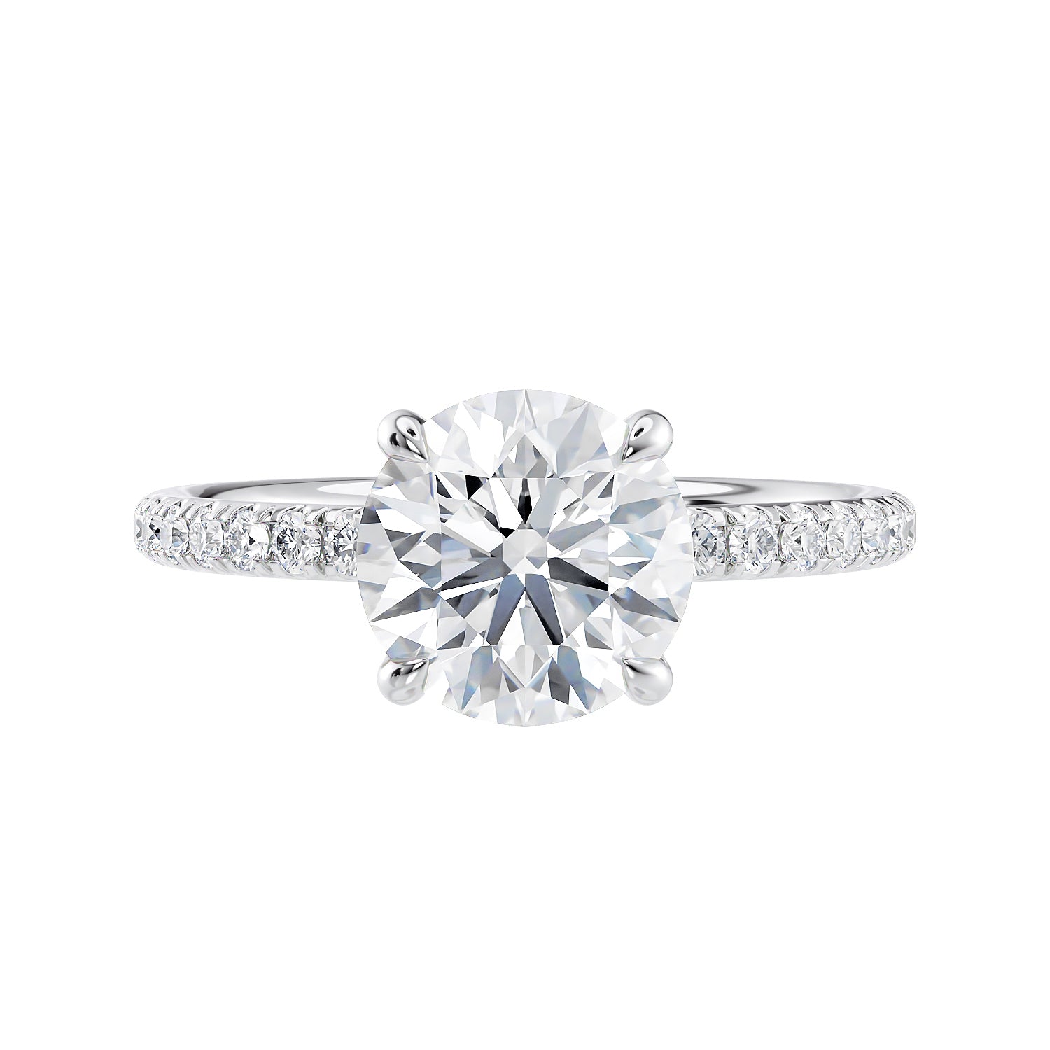 Solitaire diamond engagement ring with diamond band white gold front view.