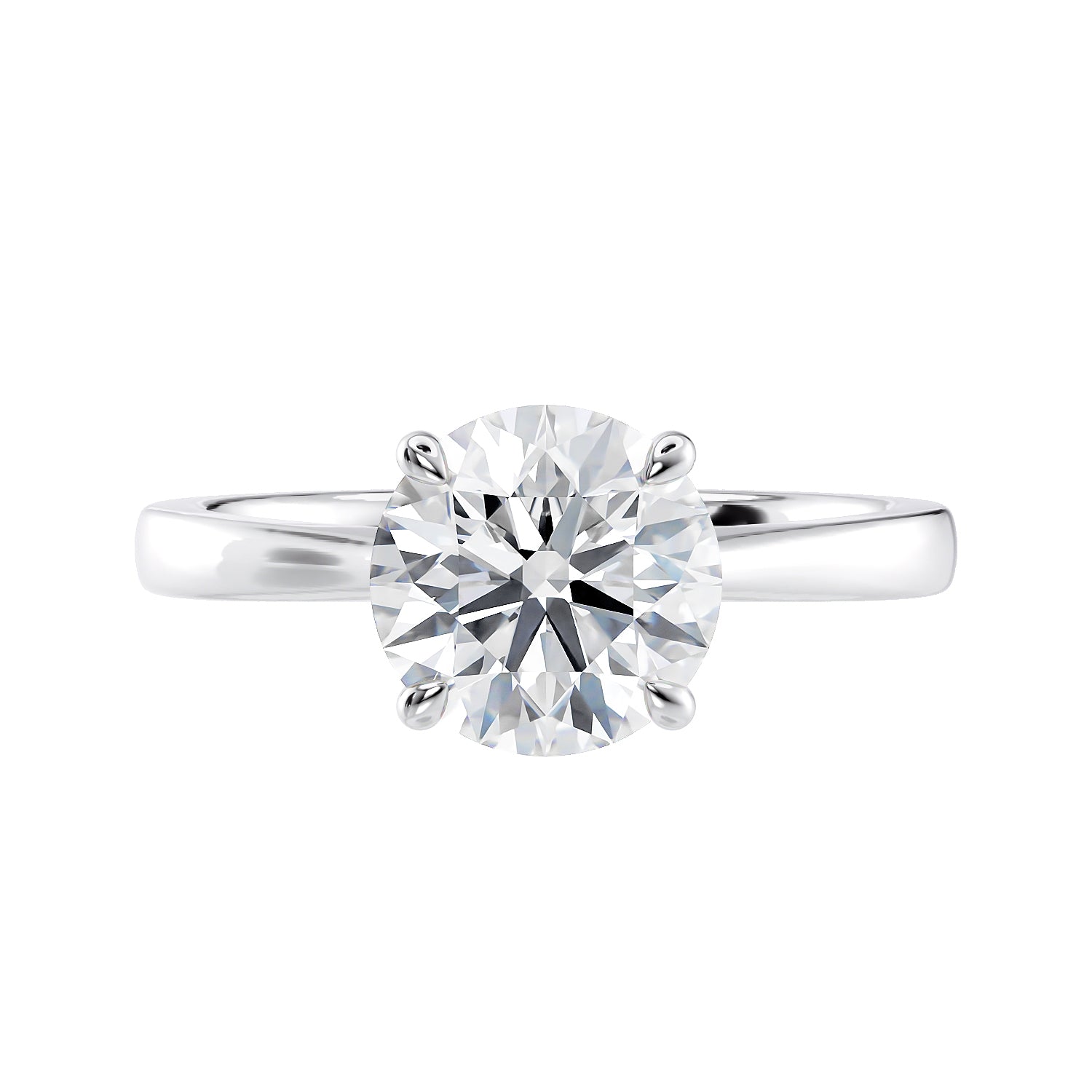 Natural round diamond engagement ring with a tapered white gold band front view.