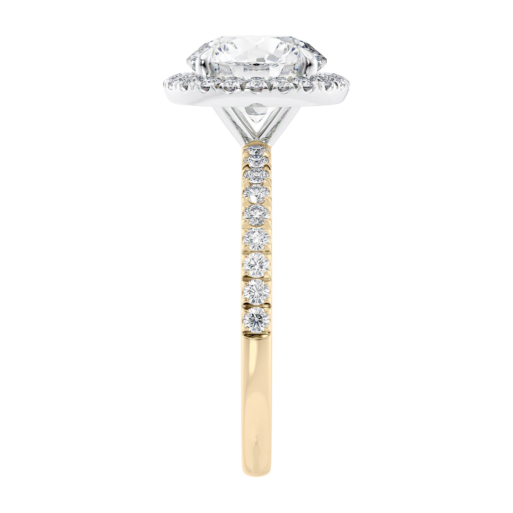 Brilliant cut diamond halo style engagement ring with diamond band gold end view.