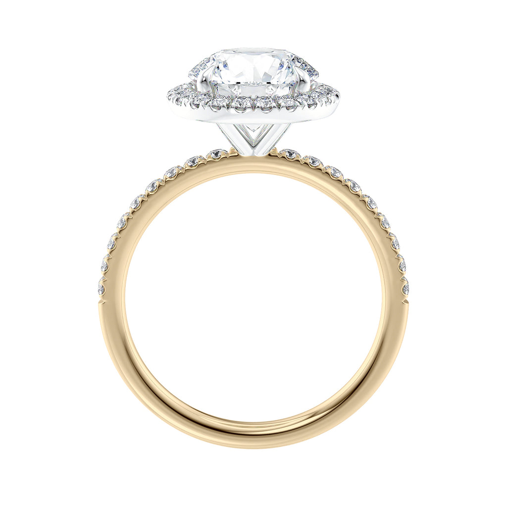 Brilliant cut diamond halo style engagement ring with diamond band gold side view.