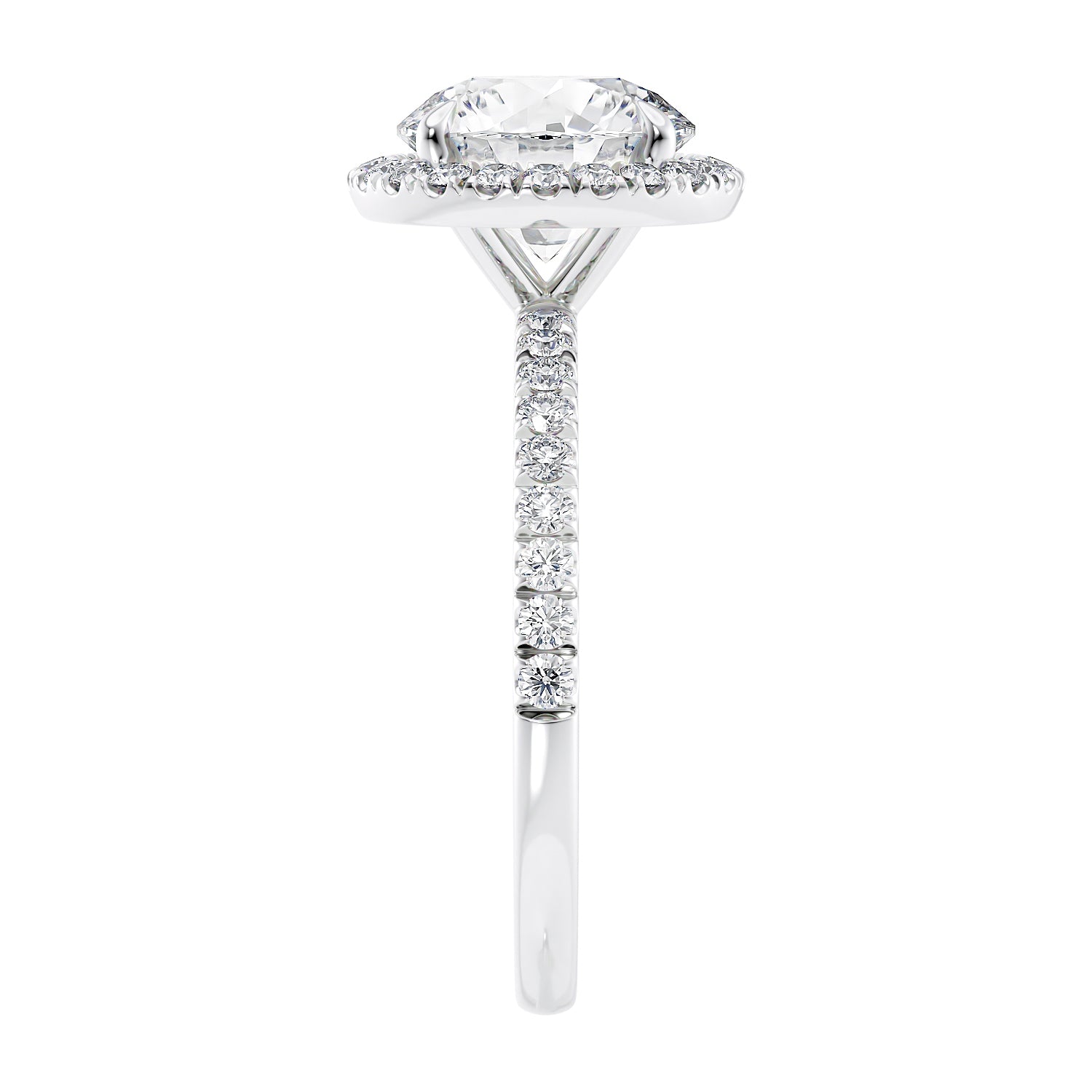 For sale brilliant cut diamond halo style engagement ring with diamond band platinum end view on a white background