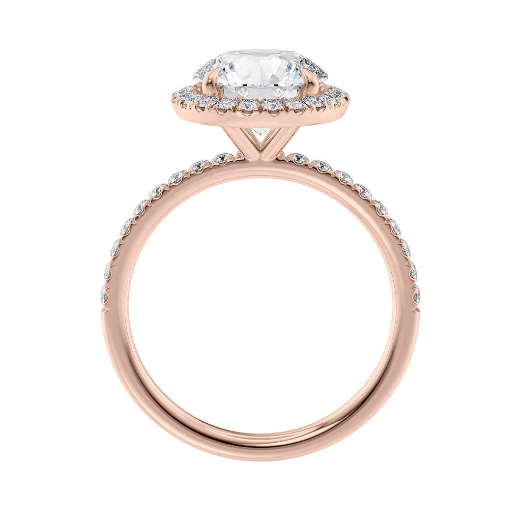 Brilliant cut diamond halo style engagement ring with diamond band rose gold side view.