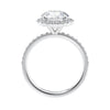 Brilliant cut diamond halo style engagement ring with diamond band white gold side view.