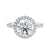 Brilliant cut diamond halo style engagement ring with diamond band white gold front view.