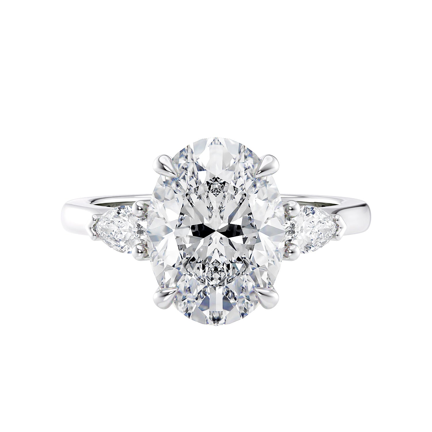 3 stone oval and pear diamond engagement ring white gold front view.
