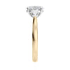 Lab grown diamond oval 3 stone with pear cut sides 18ct gold end view.