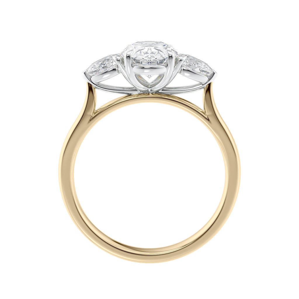 Lab grown diamond oval 3 stone with pear cut sides 18ct gold side view.