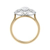 Lab grown diamond oval 3 stone with pear cut sides 18ct gold side view.