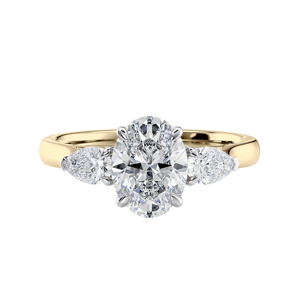 Lab grown diamond oval 3 stone with pear cut sides 18ct gold front view.