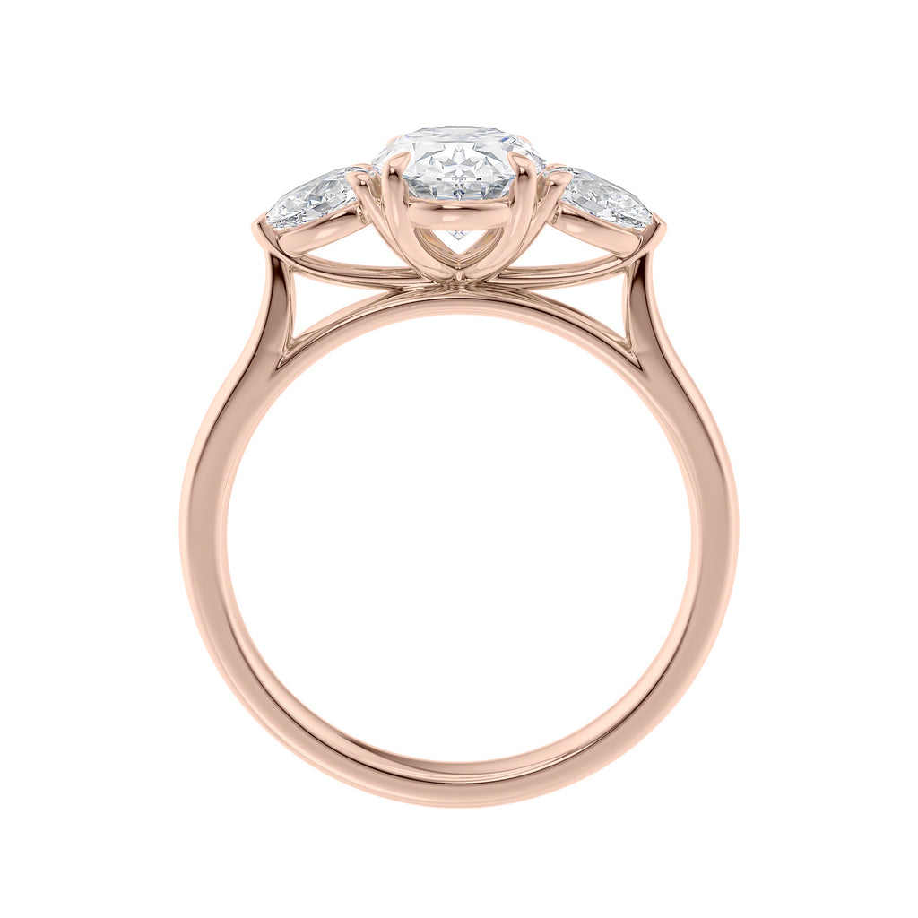 Lab grown diamond oval 3 stone with pear cut sides 18ct rose gold side view.
