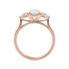 Lab grown diamond oval 3 stone with pear cut sides 18ct rose gold side view.