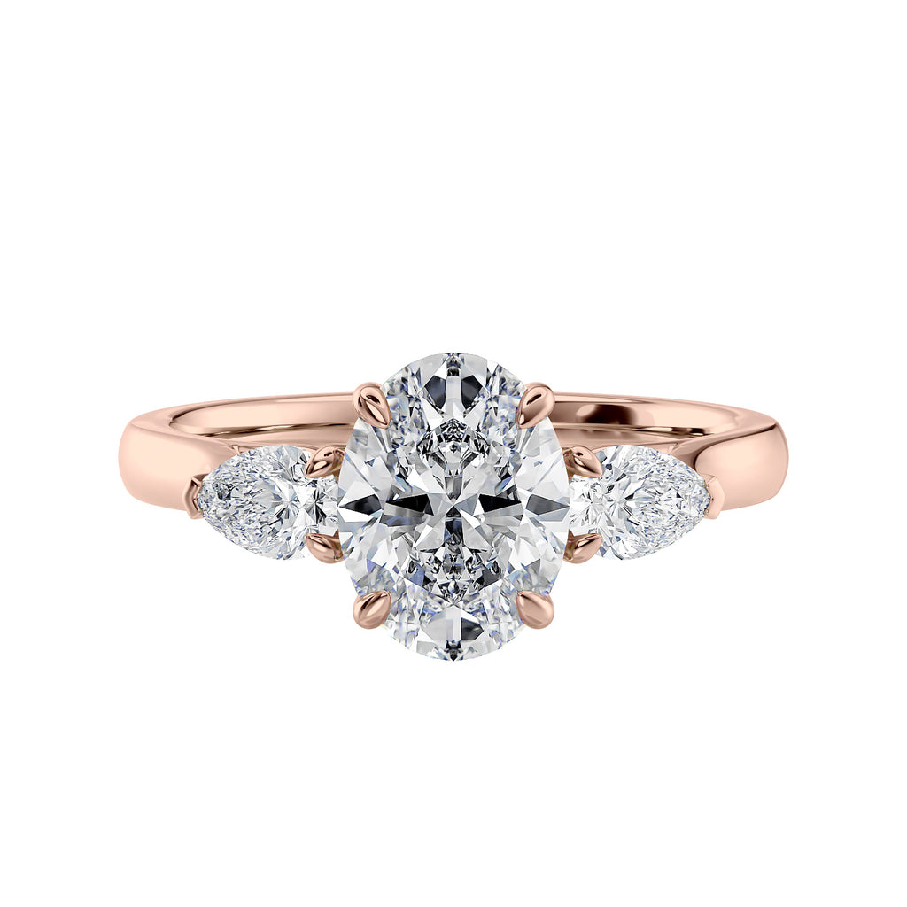 Lab grown diamond oval 3 stone with pear cut sides 18ct rose gold front view.