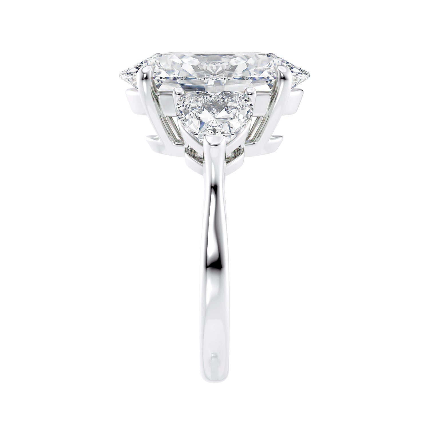Oval and heart cut 3 stone diamond engagement ring platinum end view on a white background.