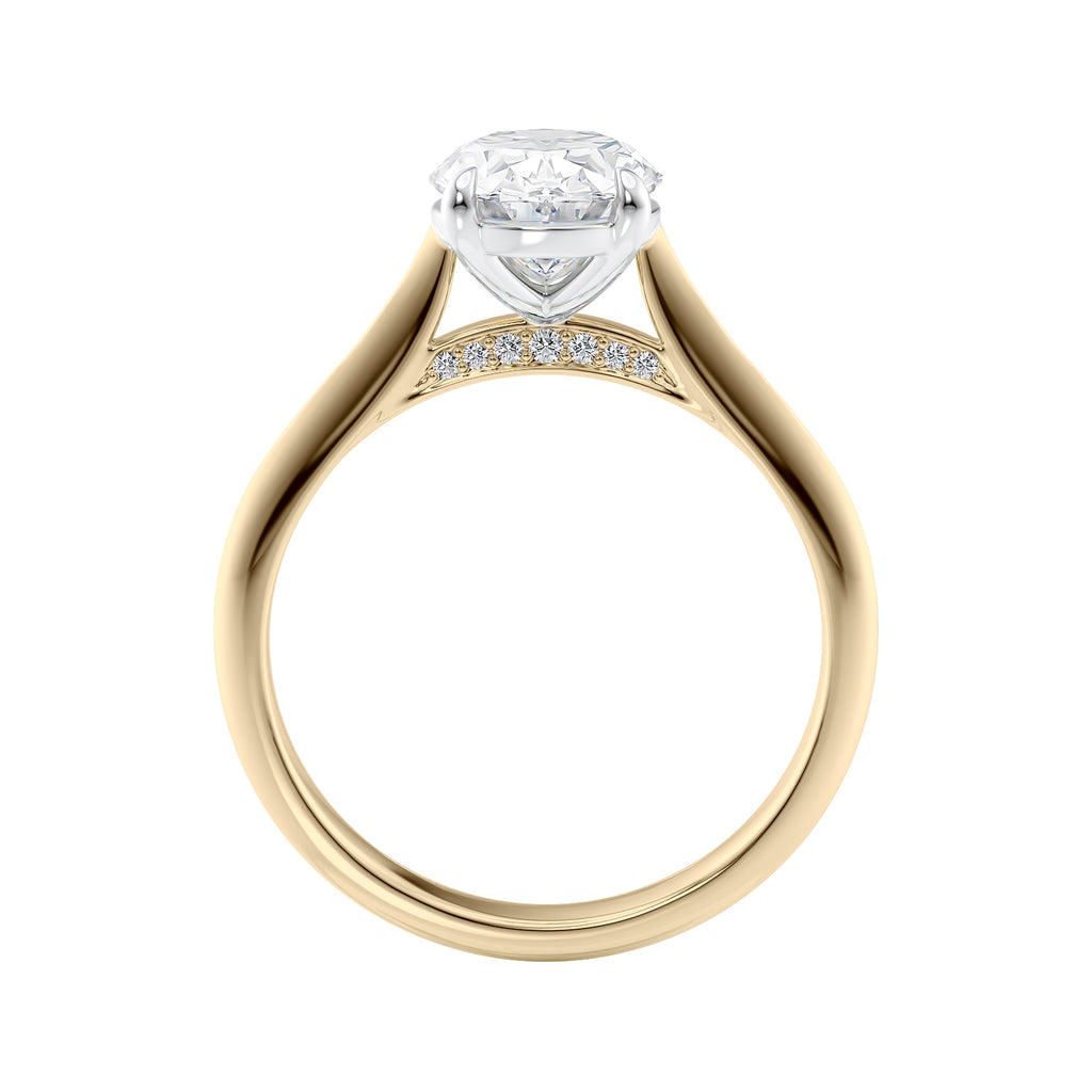 2 carat oval lab grown diamond engagement ring with diamond set bridge 18ct gold side view.