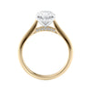 2 carat oval lab grown diamond engagement ring with diamond set bridge 18ct gold side view.