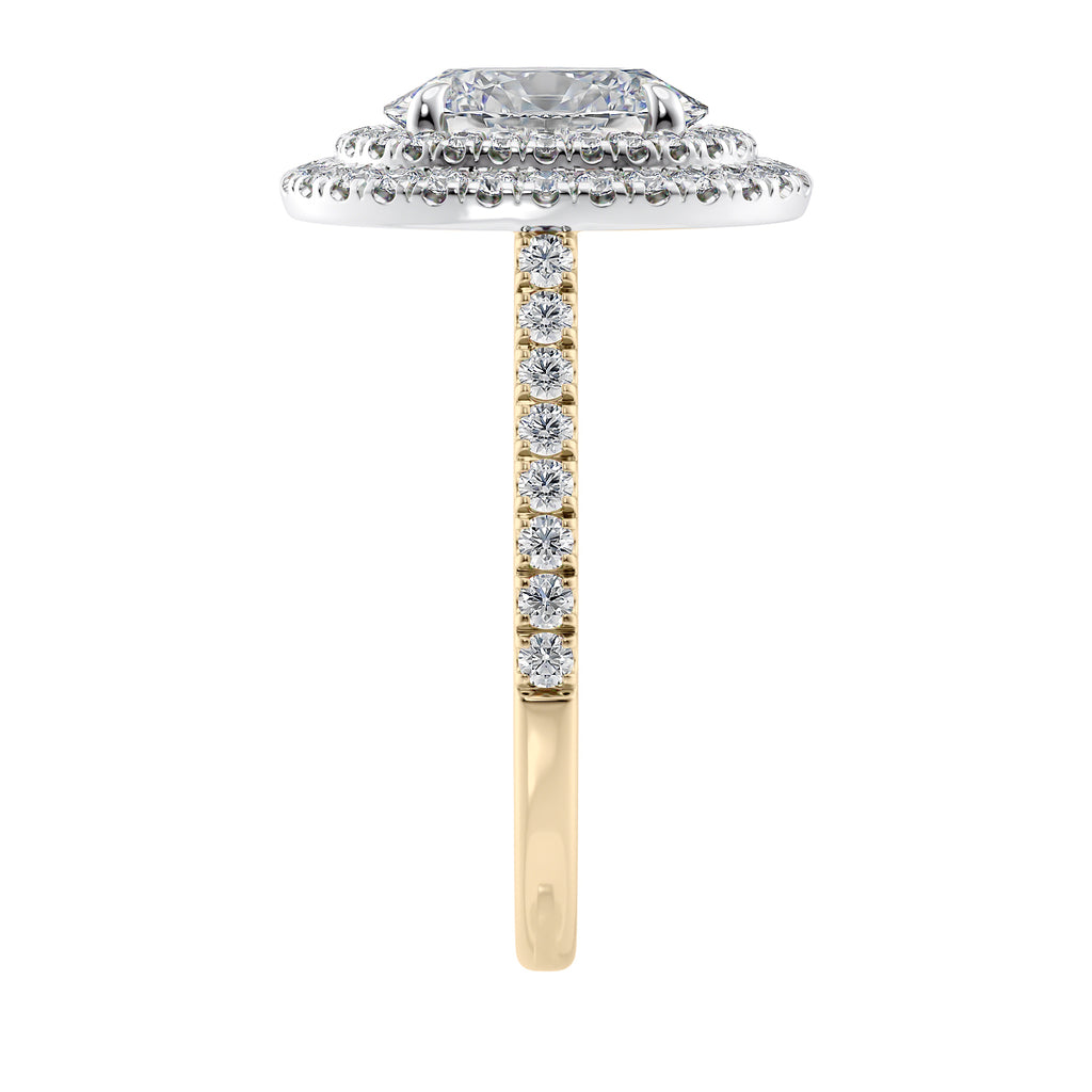 Oval cut diamond double halo engagement ring with diamond set band 18ct gold end view.