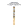 Oval cut diamond double halo engagement ring with diamond set band 18ct gold end view.