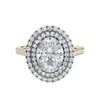 Oval cut diamond double halo engagement ring with diamond set band 18ct gold front view.