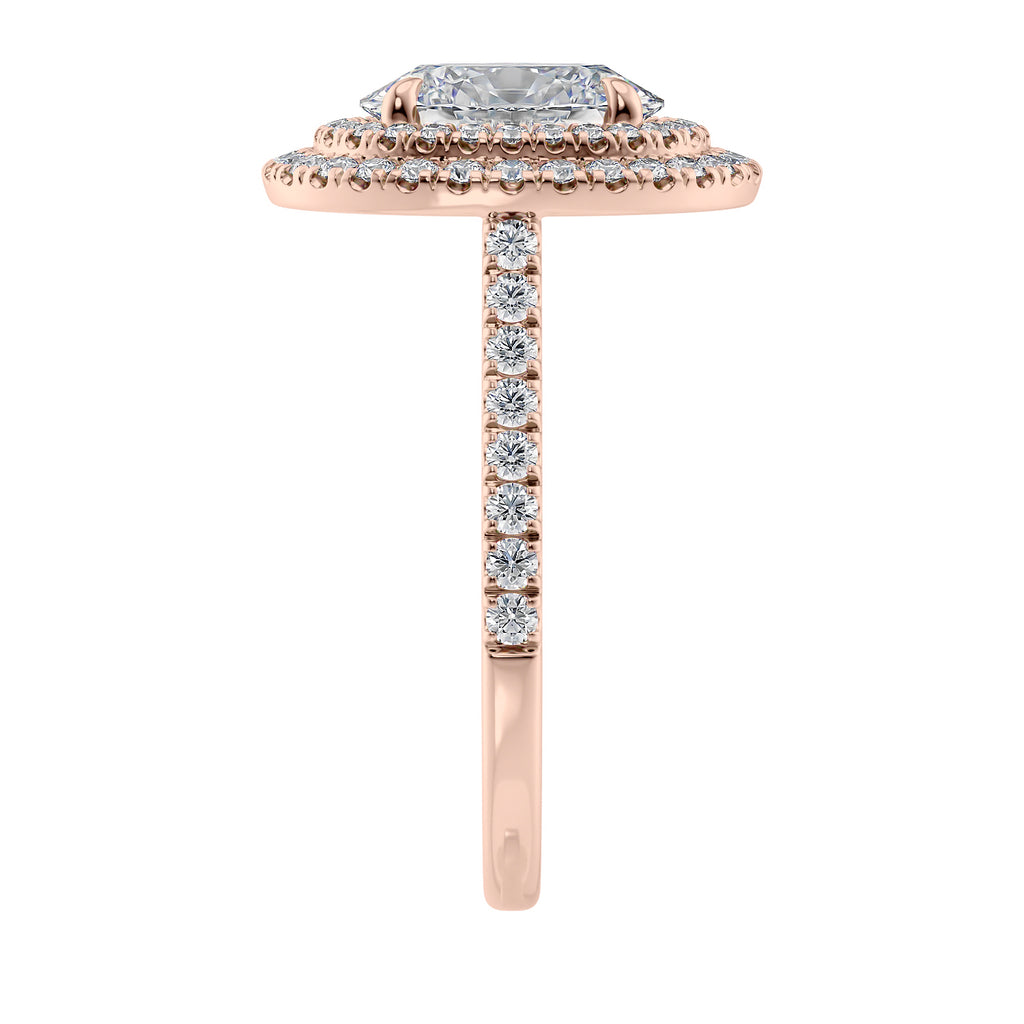 Oval cut diamond double halo engagement ring with diamond set band 18ct rose gold end view.