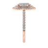 Oval cut diamond double halo engagement ring with diamond set band 18ct rose gold end view.