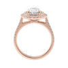 Oval cut diamond double halo engagement ring with diamond set band 18ct rose gold side view.