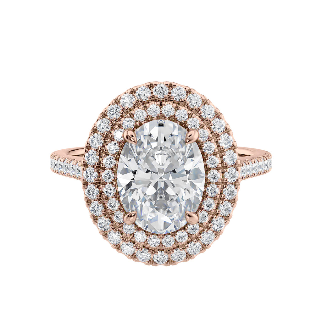 Oval cut diamond double halo engagement ring with diamond set band 18ct rose gold front view.