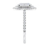 Oval cut diamond double halo engagement ring with diamond set band white gold end view.