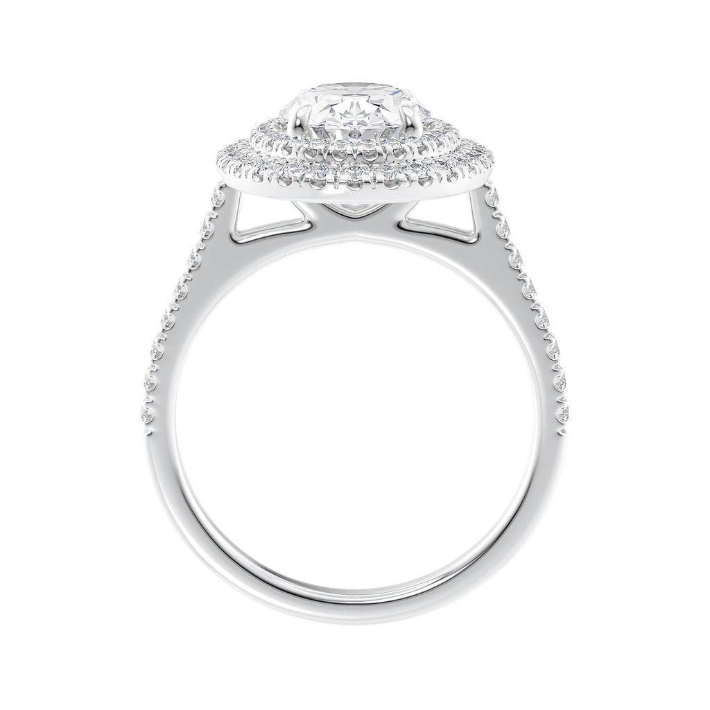 Oval cut diamond double halo engagement ring with diamond set band white gold side view.