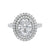 Oval cut diamond double halo engagement ring with diamond set band white gold front view.