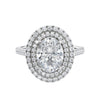 Oval cut diamond double halo engagement ring with diamond set band white gold front view.