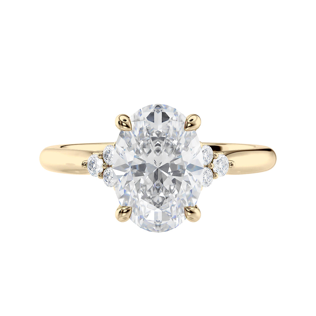 Lab grown oval diamond engagement ring with trilogy diamond set shoulders 18ct gold front view.