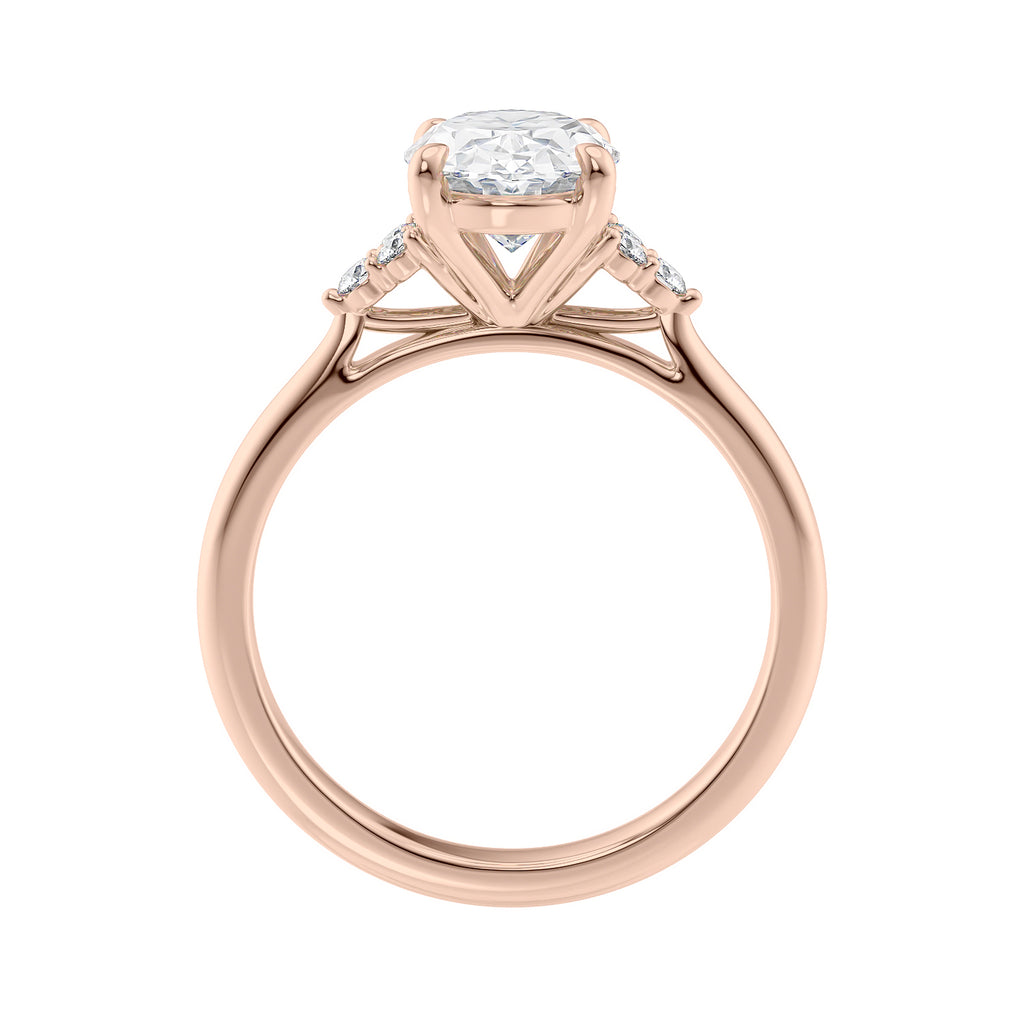Lab grown oval diamond engagement ring with trilogy diamond set shoulders 18ct rose gold side view.